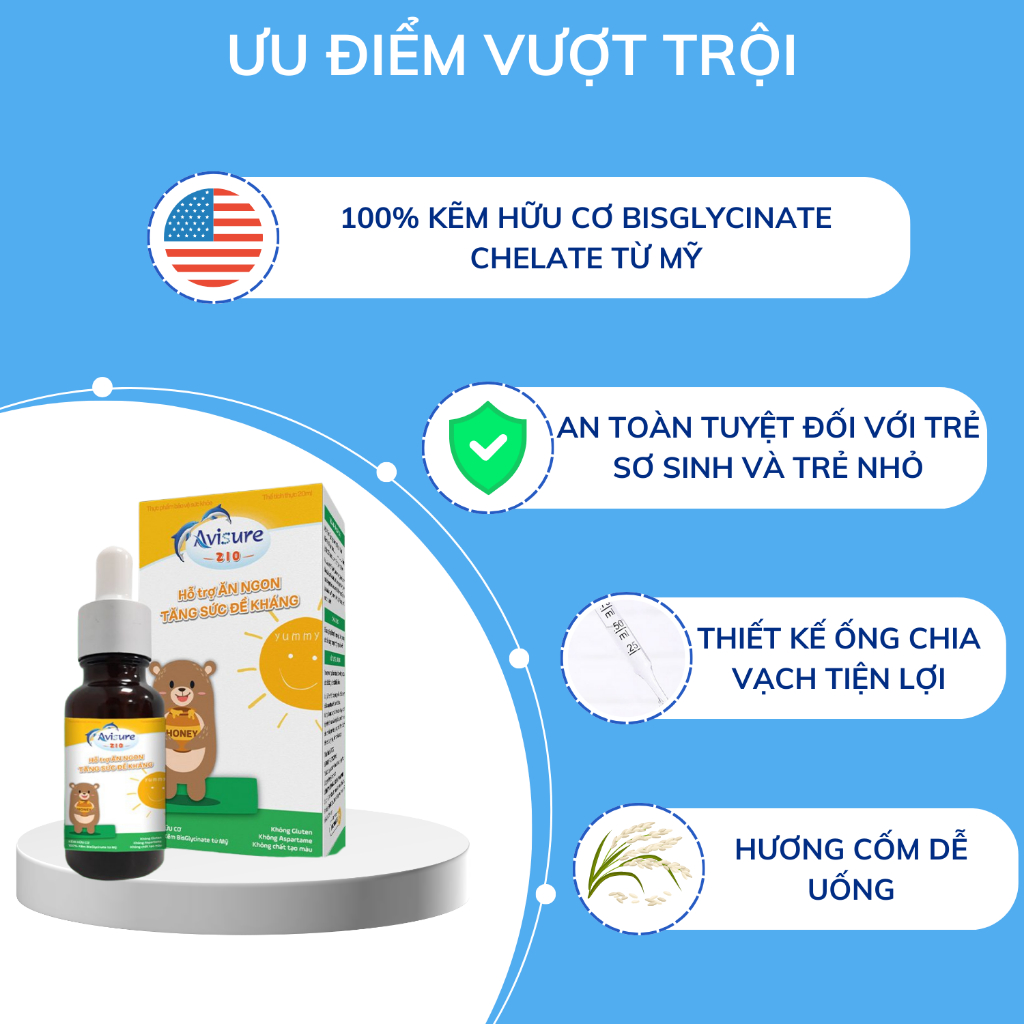 Kẽm cho bé Avisure ZiO công nghệ Mỹ giúp bé ăn ngon, tăng cường sức đề kháng vị cốm dễ uống