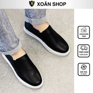 Giày Slipon Nam Giày Lười nam Da Bò đẹp Xoăn Shop D011 màu Đen