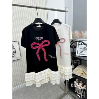 Đầm thiết kế tăm QC phối len ren đính nơ ren in chữ chuẩn style trẻ trung, năng động phù hợp mặc nhiều dịp