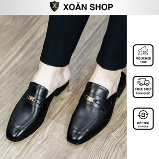 Giày Sục Nam da bò nappa cao cấp siêu đẹp mặt đai kim loại không gỉ đế cao 3cm, Giày Hở Gót nam - Bảo hành 12 tháng S019