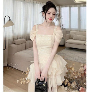 Đầm trễ vai dự tiệc kim sa phối tơ bèo, Váy 2 dây tiểu thư tiệc bar sang chảnh cuộn hoa hàng thiết kế soshi