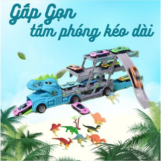 Xe ô tô 3 tầng gấp gọn kèm 6 xe đua cho bé - xe vận chuyển khủng long 3 tầng cầu trượt bé trai