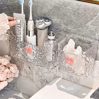Kệ Để Đồ Nhà Tắm Trong Suốt Hình Nơ, Hộp Đựng Mỹ Phẩm Treo Tường Thiết Kế Đáng Yêu, Decor Phòng Tắm
