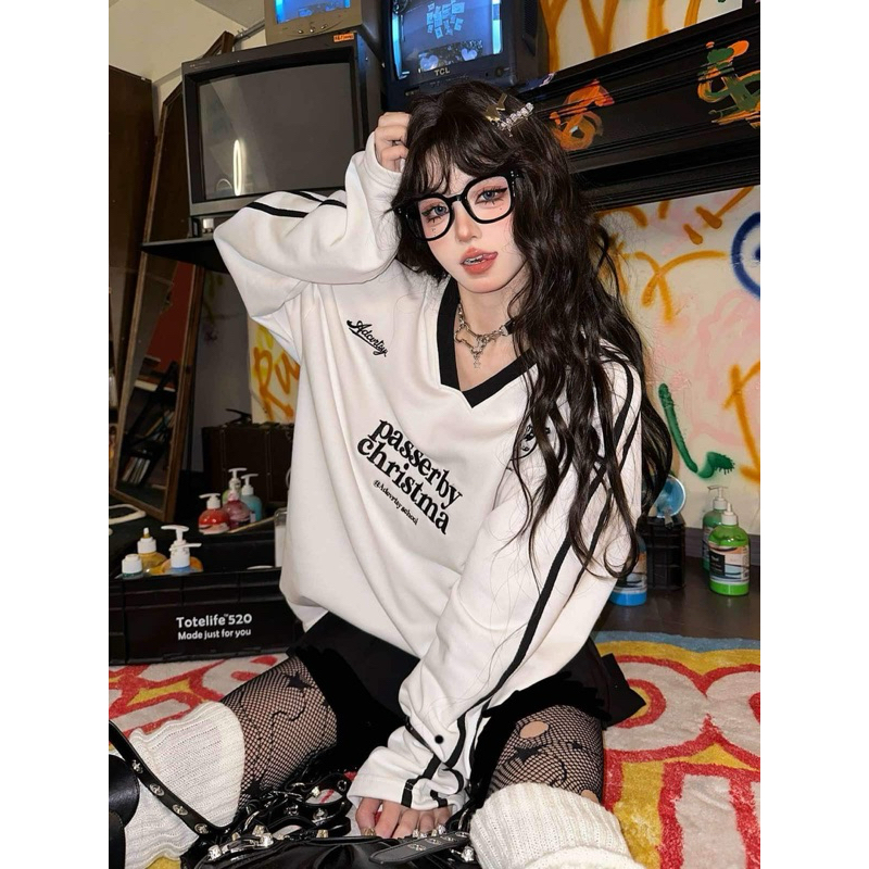 Áo Sweater nữ Cổ V in Nổi Chữ PASSER chất Cotton dày dặn Áo nỉ cổ V nữ dài tay hàng loại 1
