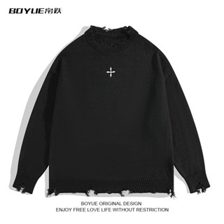 Áo len cổ lọ nam nữ unisex rách cá tính, sweater nam thêu chữ thập form rộng phong cách Hàn Quốc 0308