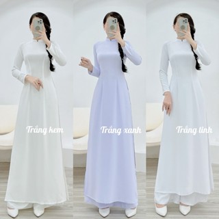 [TAY DÀI] Áo dài trắng, áo dài học sinh tay dài 2 tà lụa mỹ cố V tà A trắng kem trắng xanh trắng tinh MÃ T16
