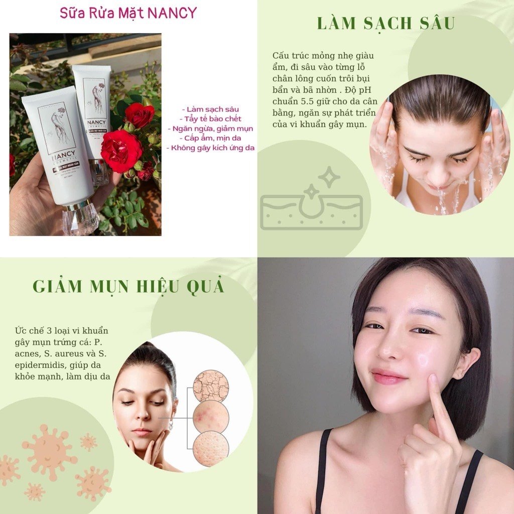 Sữa rửa mặt nhân sâm NANCY - Sữa rửa mặt NANCY trắng sáng, mịn da, mờ thâm dành cho mọi loại da kể cả da nhạy cảm