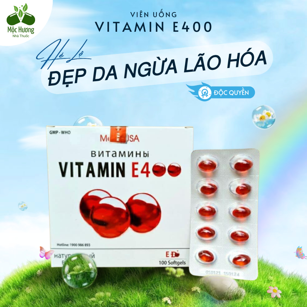 Viên uống trắng da Vitamin E400 E Đỏ 4000mcg, Aloe vera 500mg, hộp 100 viên tái tạo và làm sáng da