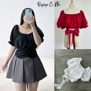 Áo sơ mi nữ dáng lửng bigsize tay bồng cổ vuông thắt nơ sau lưng vải lụa chéo 50-95kg- AT9