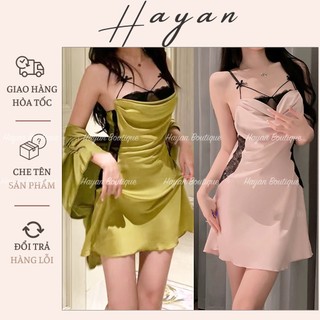 HT135 Váy ngủ 2s cổ đổ dáng suông tôn dáng, đồ ngủ lụa phối ren co dãn eo sang chảnh HT135