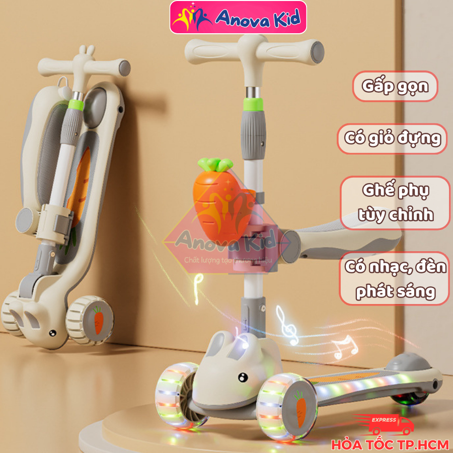 Xe trượt Scooter Thỏ, xe scooter 3 bánh cho bé, CÓ GHẾ PHỤ, CÓ ĐÈN NHẠC, cho bé từ 2 - 12 tuổi,ANOVA