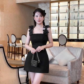 Váy 2 dây hoa nhí đen trắng, đầm xòe dự tiệc dáng dài bồng bềnh - Hori Store