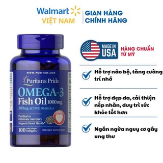 Viên dầu cá Puritan's Pride Omega3 Fish oil 1000 mg 100 viên giúp đẹp da, dinh dưỡng cho tim mạch, thị lực