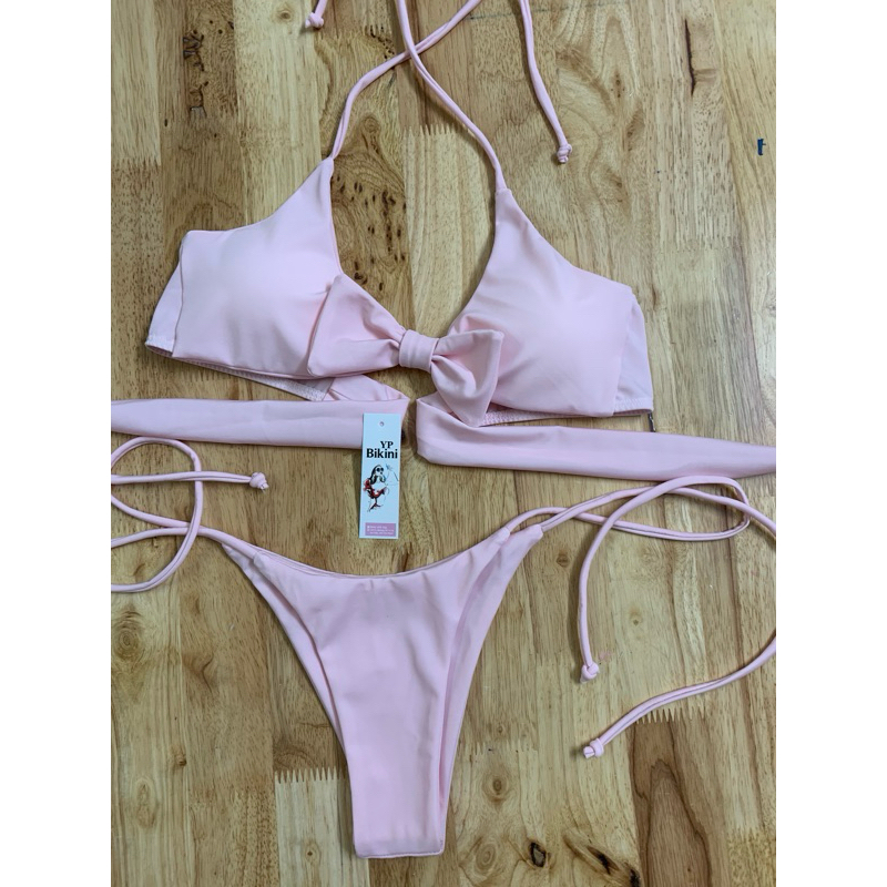 Bikini 2 mảnh ao tắm Hồng phấn áo nơ quần dây buộc( sẵn hàng) | BigBuy360 - bigbuy360.vn