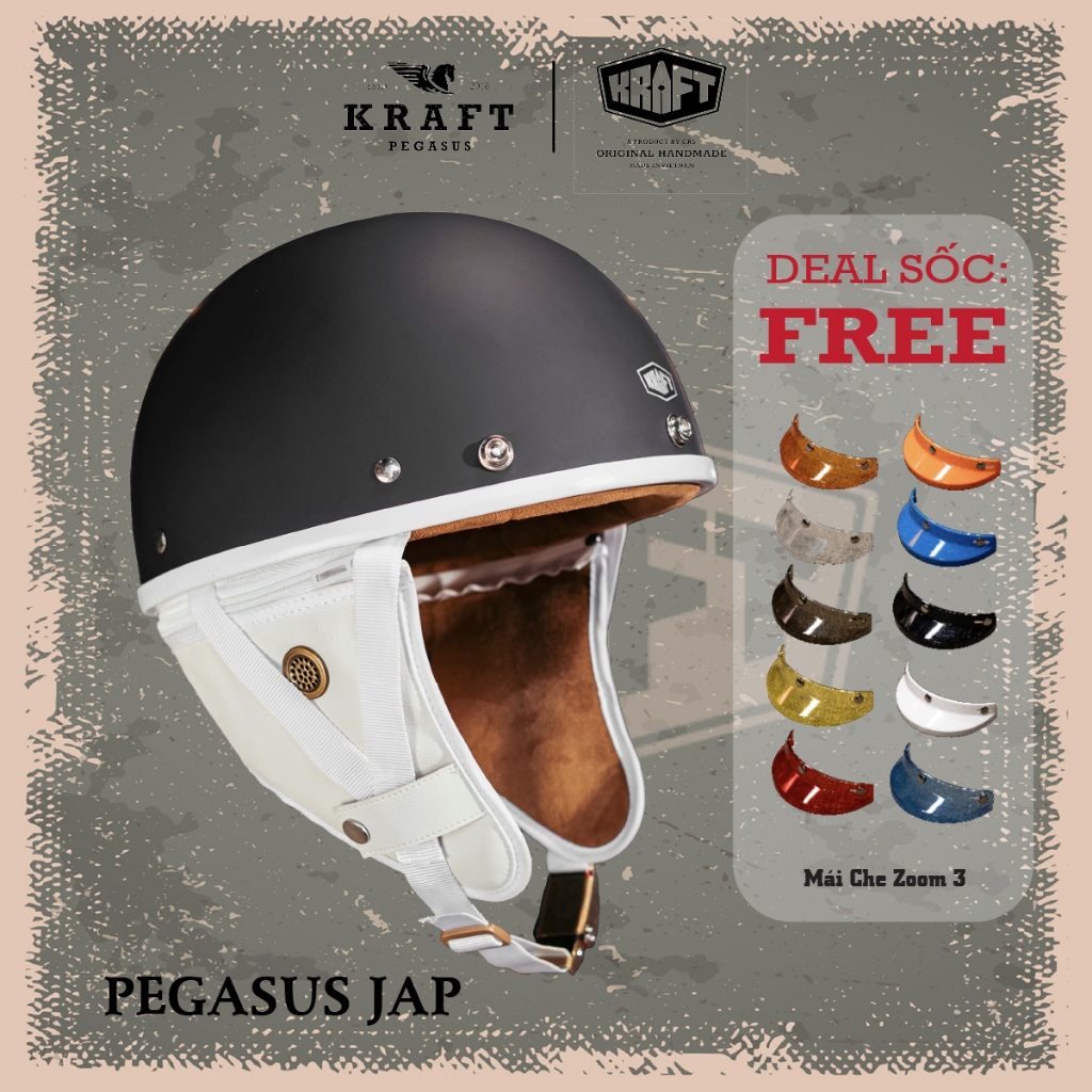 Nón bảo hiểm nửa đầu cao cấp Kraft Pegasus phong cách nhật