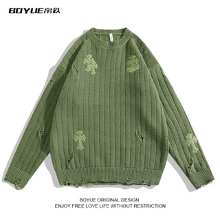 Áo len cổ tròn nam nữ thêu chữ thập, sweater unisex rách thêu thánh giá phong cách boy phố Hàn Quốc