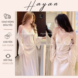 HT828 Set váy ngủ và áo choàng sexy dáng dài tiểu thư kèm ĐỆM LÓT,đồ ngủ lụa phối ren sang chảnh HT828