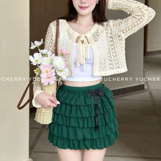 YUCHERRY | Chân váy xòe nhún bèo nhiều tầng có đính nơ tôn dáng CINQUE FIOCCO SKIRT YV045