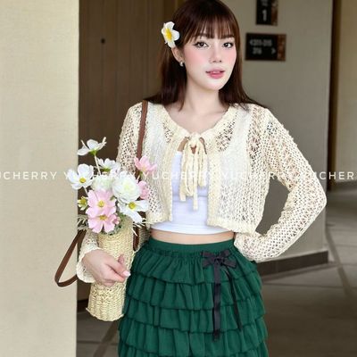 YU CHERRY | Áo khoác lưới croptop cột nơ phù hợp đi biển Mesh Crop Shirt YA491