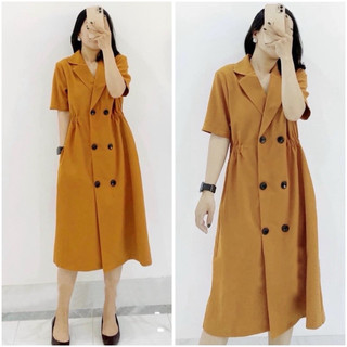 Đầm váy vàng nghệ cổ vest nút đen xuongvnxk vnxk