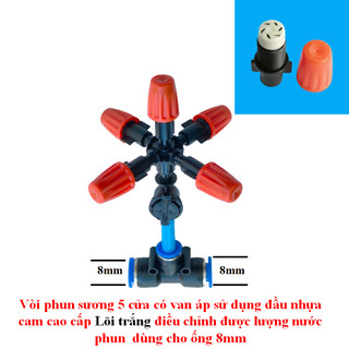 Vòi phun sương 5 cửa có van áp chống nhỏ giọt, lõi đầu cam màu trắng,dùng ống phun sương 8,10, 12mm