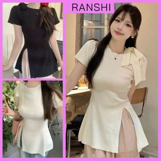 Áo thun buộc nơ cổ ranshi xẻ tà bên hông cộc tay cổ tròn cho nữ chất thun gân dày dặn - ra248