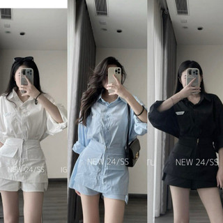 Set áo sơ mi dài tay phối chân váy nắp túi giả siêu đẹp