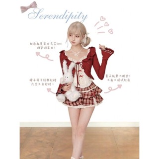 [SẴN HỎA TỐC] Set Áo Hai Dây Cổ Vuông + Áo Khoác Len Cardigan Chân Váy Tầng Bồng Sọc Caro Ca Rô Đỏ Ren Thời Trang Nữ