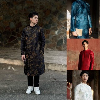 Áo dài nam cách tân mặc tết bê tráp boy phố dáng ngắn khóa sau tafeta thêu n011