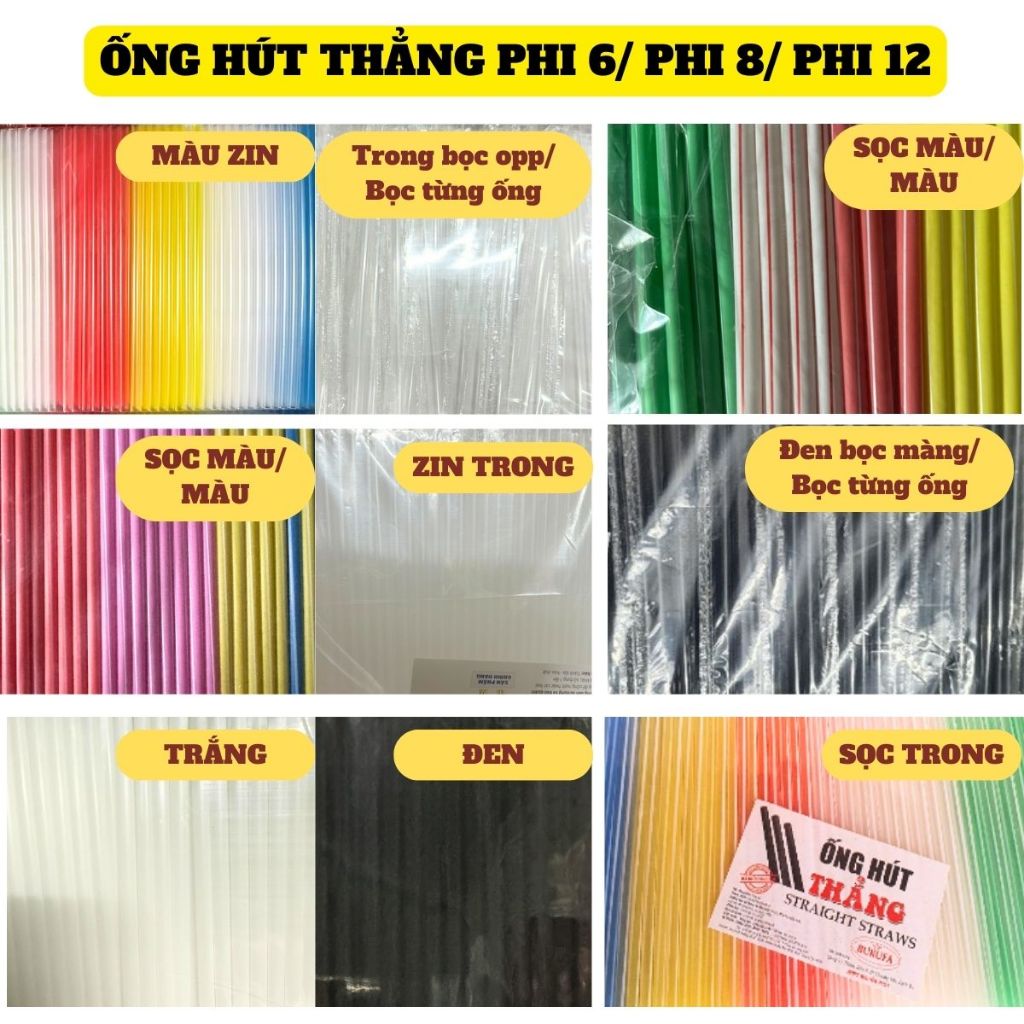 [Hàng đẹp] Bịch 500g ống hút trà sữa trân châu/trà chanh/ trà tắc/cà phê màu, đen, trắng, bọc màng từng ống phi 6, 8, 12
