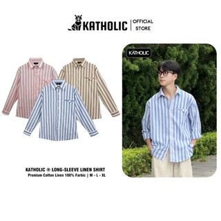 Áo Sơ Mi Kẻ Sọc To Linen Mặt Xước Tay Dài Nam Nữ Hàn Quốc Phối Túi Đặc Biệt KATHOLIC Form Rộng Oversize KAT023