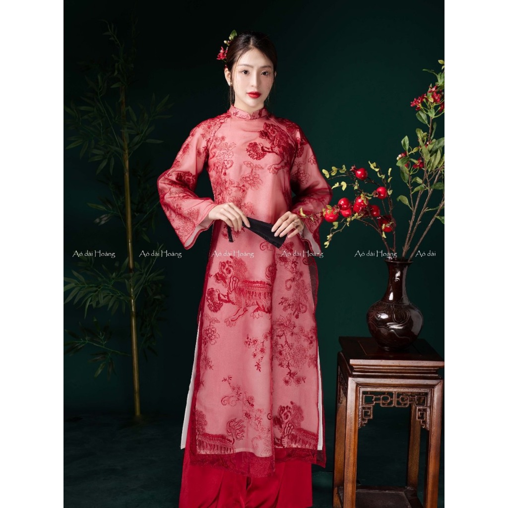 Áo dài cách tân 4 tà dáng suông tay lỡ kỳ lân cáo cấp, áo dài truyền thống voan tơ thêu hoa lá kỳ lân