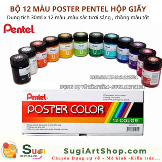 Màu Poster Pentel bộ 12 màu x 30ml (Hộp Giấy)
