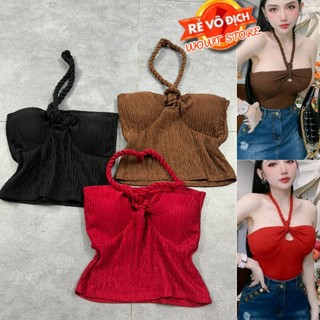 Áo croptop nữ kiểu cổ yếm phối dây chéo cổ ôm body chất vải thun gân Quảng Châu 4 chiều FreeSize