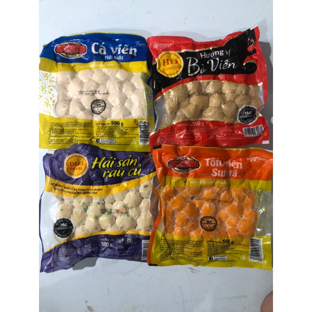 Mix 4 Tôm viên/cá viên/bò viên/rau củ viên lacusina500g,Cá viên chiên các loại,Viên Tôm Hùm,Mực Xoắn