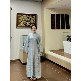 Set áo dài gấm xuông dáng xưa hoạ tiết chữ thọ cao cấp