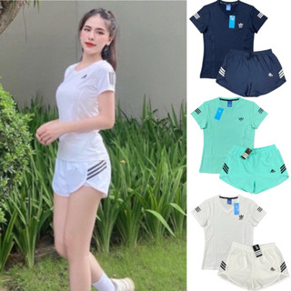 Bộ Quần Áo Thể Thao Nữ Ads Tập Gym, Chạy Bộ, Cầu Lông, Pickleball, Quần Short 2 Lớp 3 Sọc Kèm Áo Cổ Tim Cao Cấp