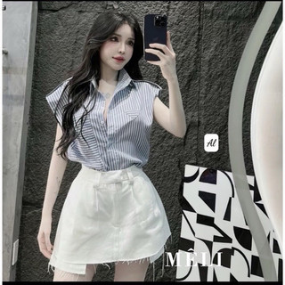 Set áo kẻ sọc xanh tay hến kèm chân váy jeans lộ túi siêu xinh