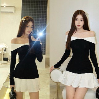 Đầm đen trễ vai phối xếp ly trắng co giãn ôm body nữ, Phong cách tiểu thư - QuynhTrangBasic