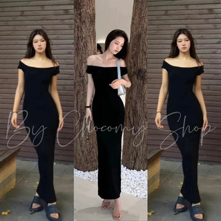  ChocomyShop - Đầm body Nữ bẹt vai dáng dài Maxi tay ngắn ôm body mặc được 2 kểu chất liệu lazong dày dặn đi tiệc đi chơi 