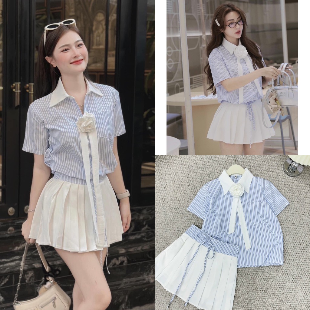Set Áo Kẻ Sọc Xanh Phối Cổ Sơ Mi Trắng Gắn Thêm Tag Hoa Mix Chân Váy Xếp Ly Phối Kẻ Nơ Eo (Ảnh Thật 