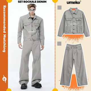 UMEKO Set ROCKALE Denim Unisex Gồm Áo Khoác Jeans Form Boxy Màu Xám Khói Và Quần Jeans Form Suông Ống Rộng Màu Xám