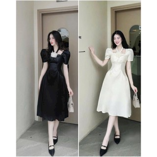 Đầm xòe nữ dây cổ đính bông hoa, váy dự tiệc trễ vai chất tapta chuẩn form ( có mút ngực )