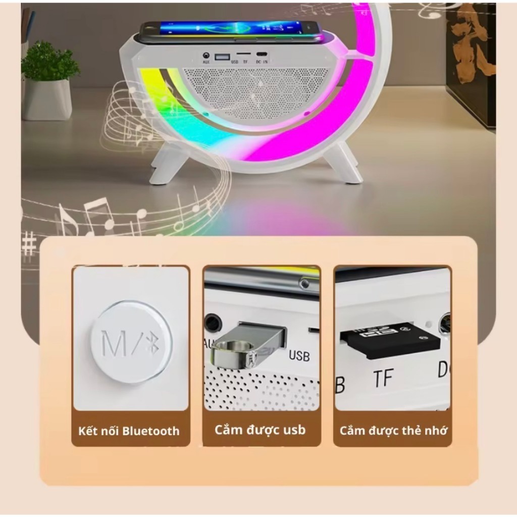 Loa bluetooth chữ G BT-3401, loa thông minh đa chức, tích hợp đồng hồ, báo thức, đèn led, sạc không 