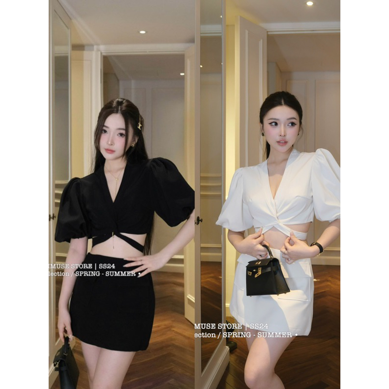 Set áo croptop cột eo tay bồng chân váy a cá tính