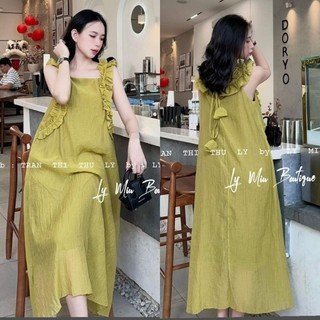 Đầm Maxxi Nhún Bèo Dây Chuông Cột Nơ Dáng Suông Dài