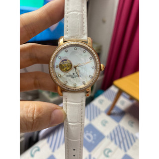 Đh VC cơ hở máy chạy cơ automatic máy Nhật vành đá mặt trắng dây da trắng vỏ vàng hồng size 36mm