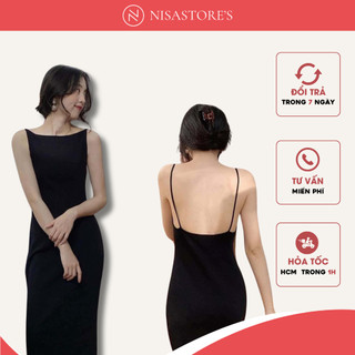 Đầm body cổ thuyền hở lưng màu đen, chất liệu lụa phi cao cấp, hàng thiết kế có sẵn lót ngực
