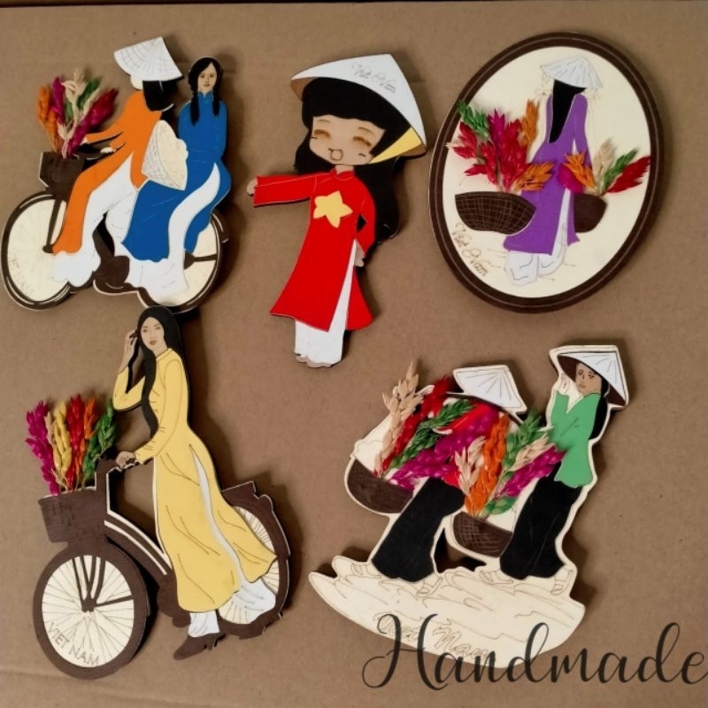 Nam Châm Hít Trang Trí Tủ Lạnh Bằng Gỗ - Duyên Dáng Áo Dài Việt Nam - Magnet