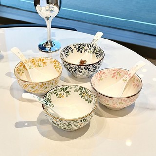 Nxt388 set 4 bát + 4 thìa sứ cao cấp họa tiết hoa lá cành siêu xinh, siêu dễ thương
